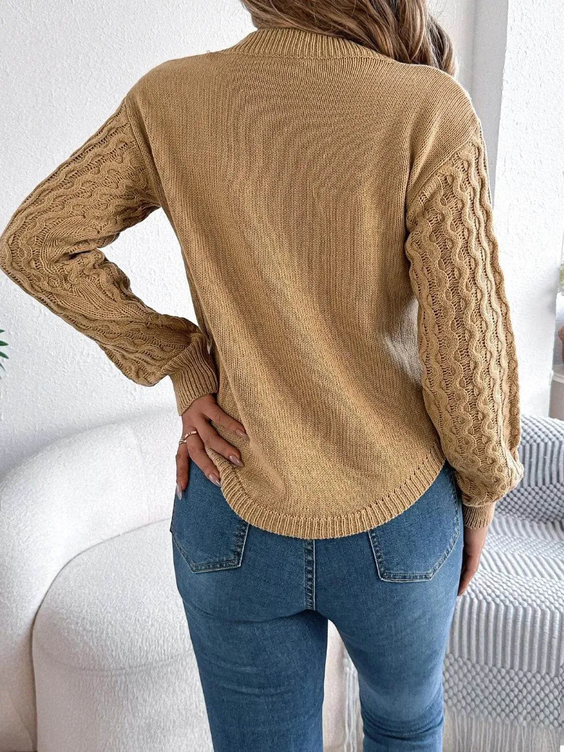 Asymmetric Hem Long Sleeve Sweater – Trendy Round Neck Knit for Fall & Winter - Bona Fide Fashion