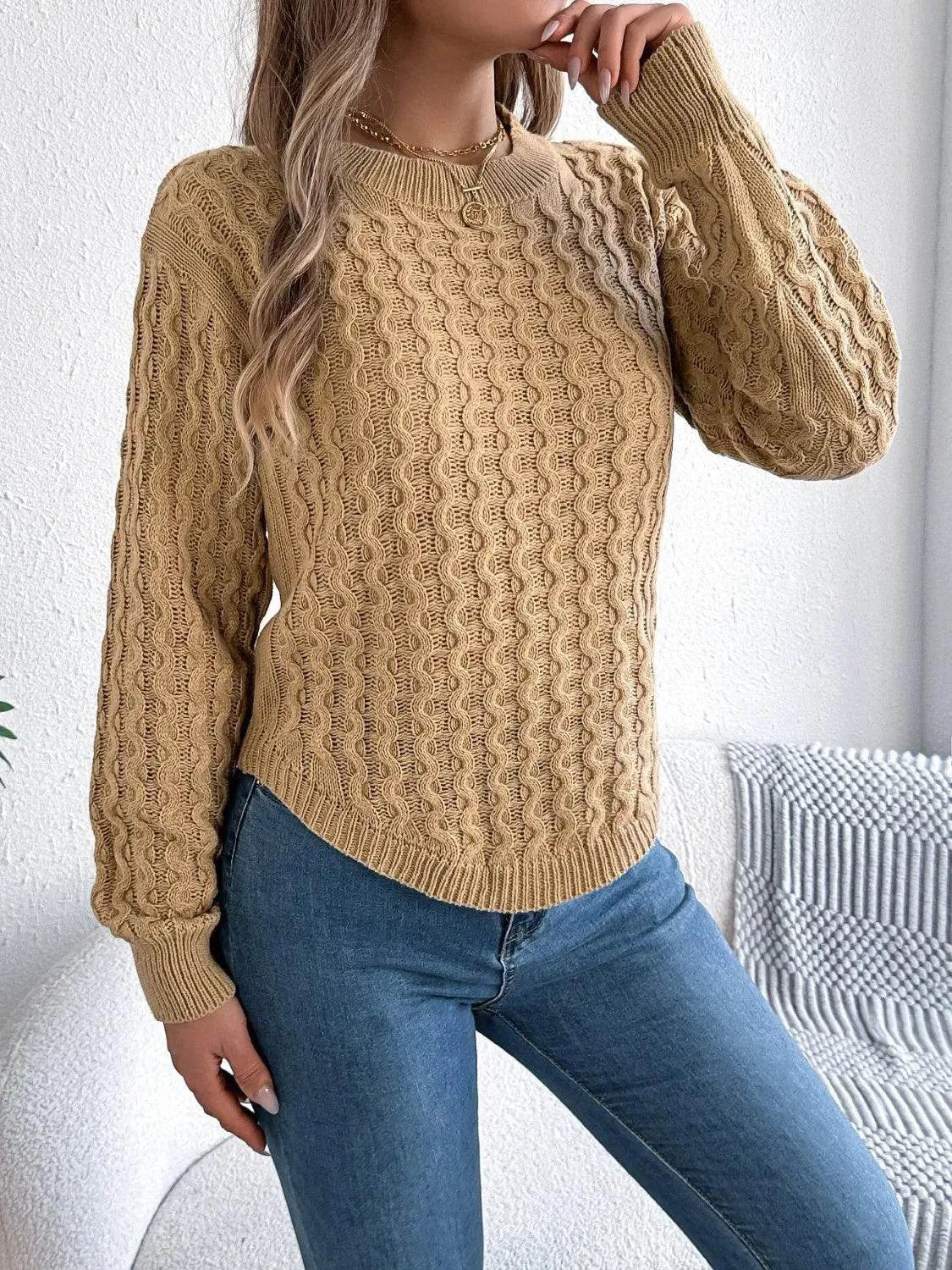 Asymmetric Hem Long Sleeve Sweater – Trendy Round Neck Knit for Fall & Winter - Bona Fide Fashion