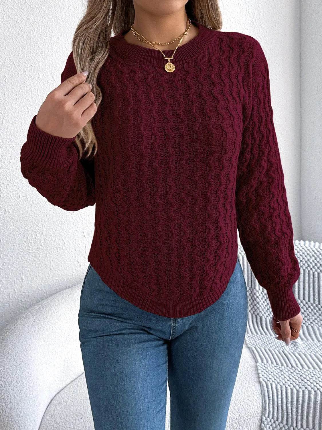 Asymmetric Hem Long Sleeve Sweater – Trendy Round Neck Knit for Fall & Winter - Bona Fide Fashion