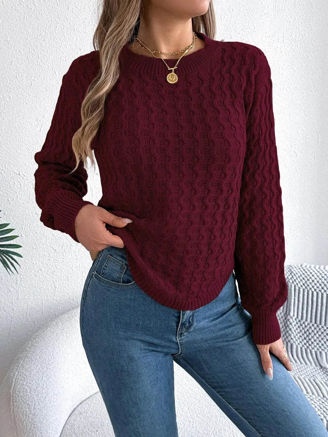 Asymmetric Hem Long Sleeve Sweater – Trendy Round Neck Knit for Fall & Winter - Bona Fide Fashion