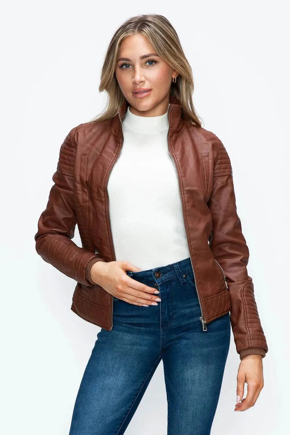 YMI Faux Layered Double-Zipper Jacket with Fuzzy Hood - Bona Fide Fashion