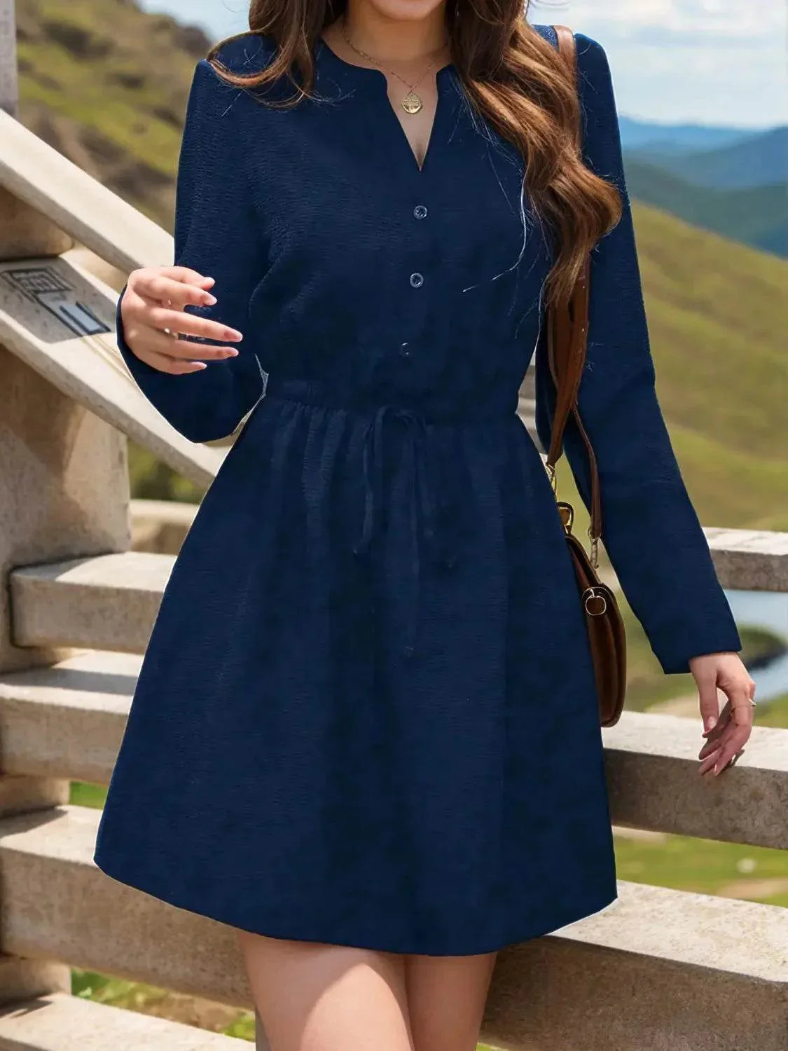Drawstring Waist Notched Long Sleeve Dress - Bona Fide Fashion