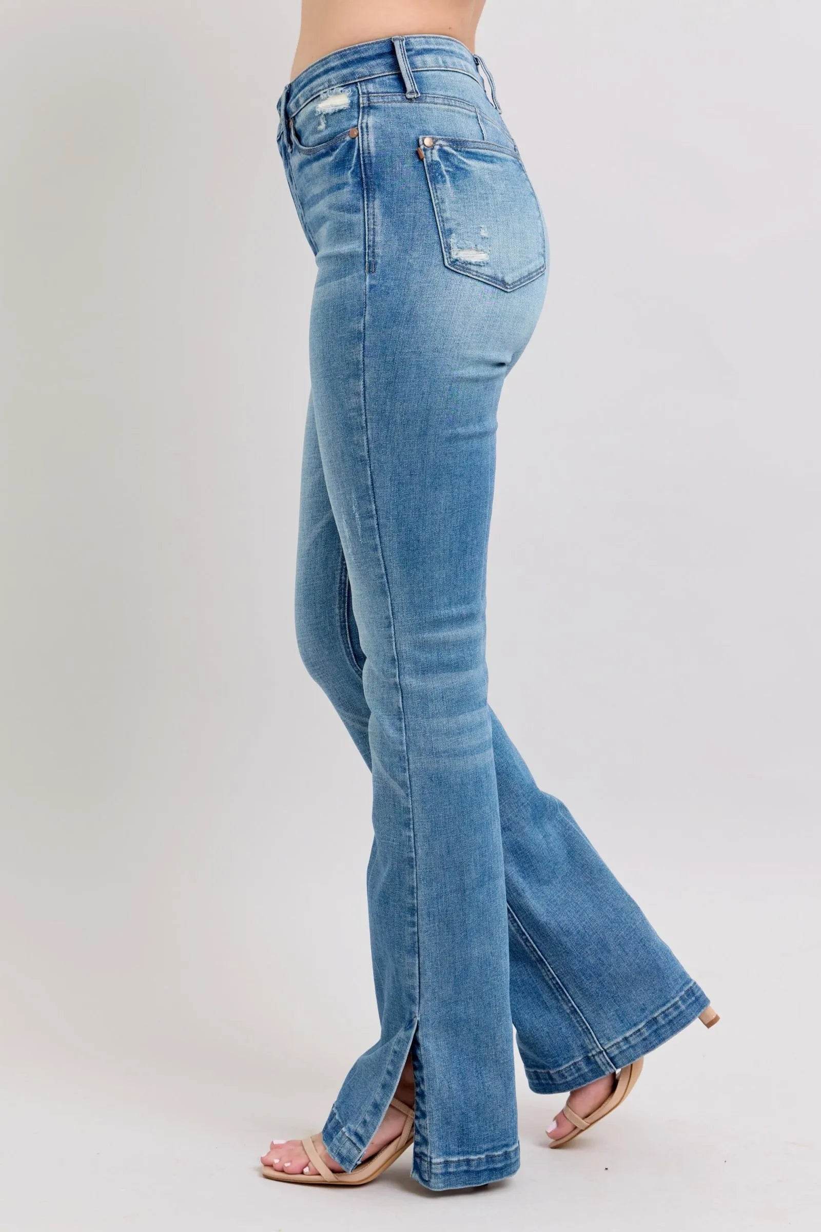 Judy Blue HW Tummy Control Vintage Wash Side Slit Slim Boot Jeans - Bona Fide Fashion