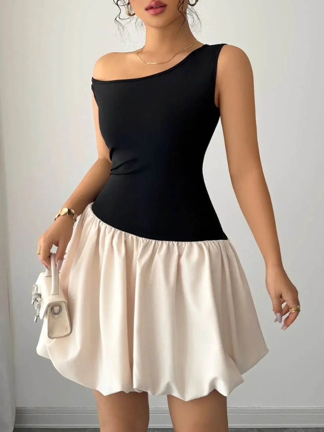 Contrast Single Shoulder Mini Tank Dress - Bona Fide Fashion