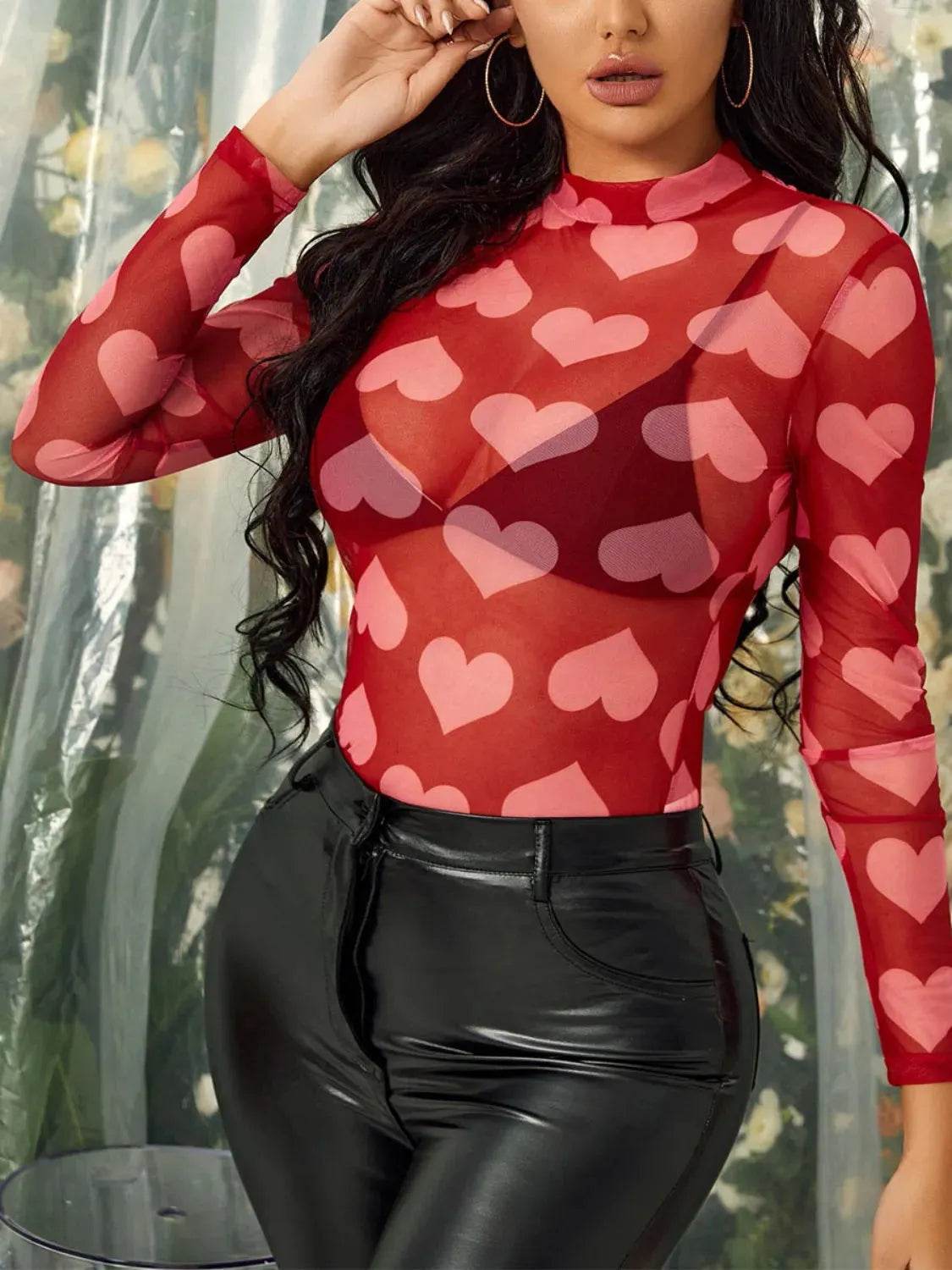 Heart Mock Neck Long Sleeve Sheer Top - Bona Fide Fashion