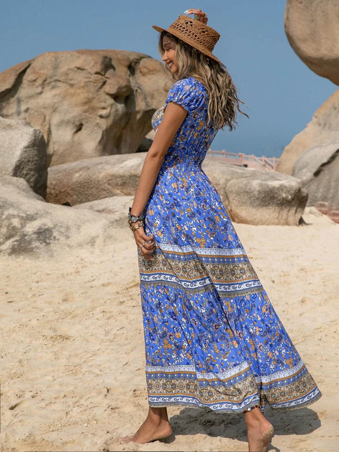 Printed V-Neck Cap Sleeve Midi Dress - Bona Fide Fashion