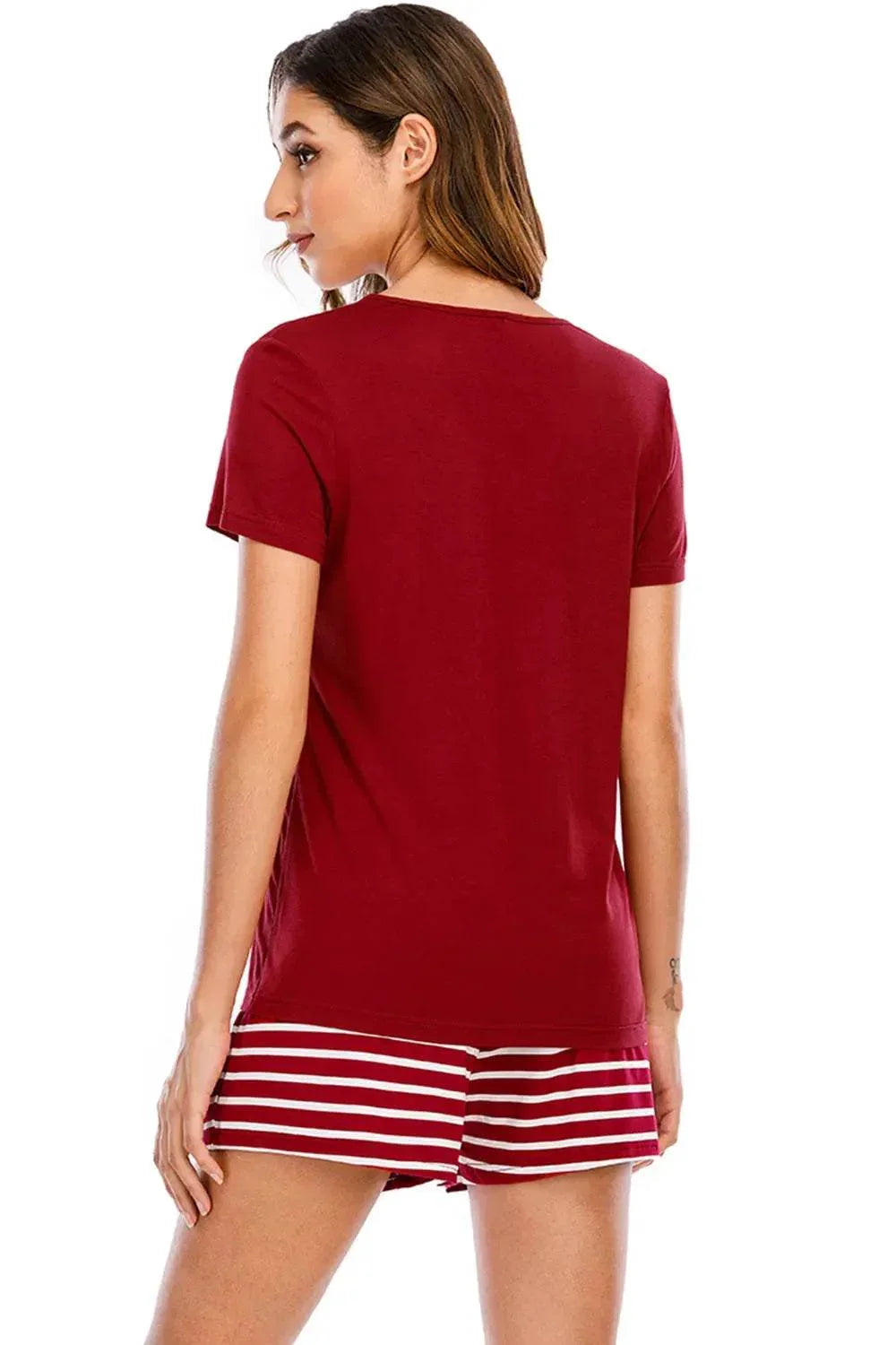 Graphic Round Neck and Striped Shorts Lounge Set - Bona Fide Fashion