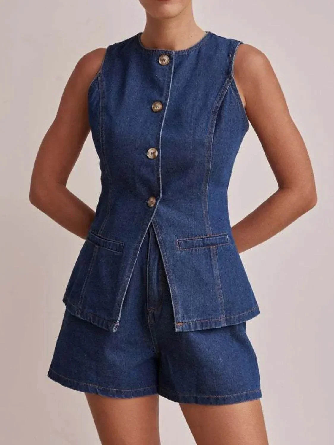 Button Down Vest and Shorts Denim Set - Bona Fide Fashion