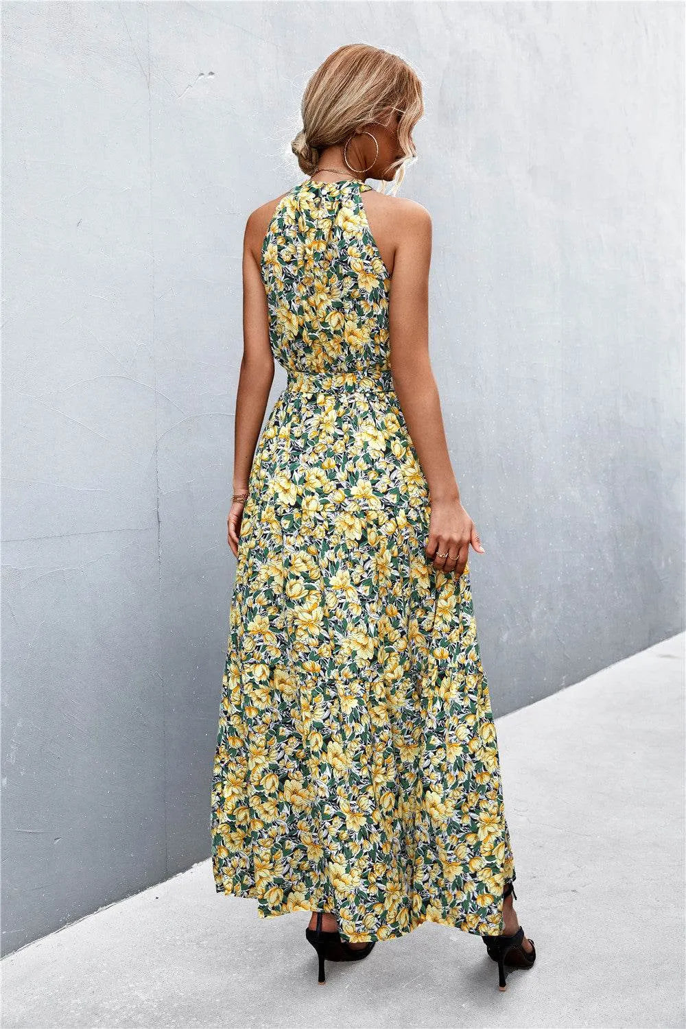 Printed Sleeveless Tie Waist Maxi Dress - Bona Fide Fashion