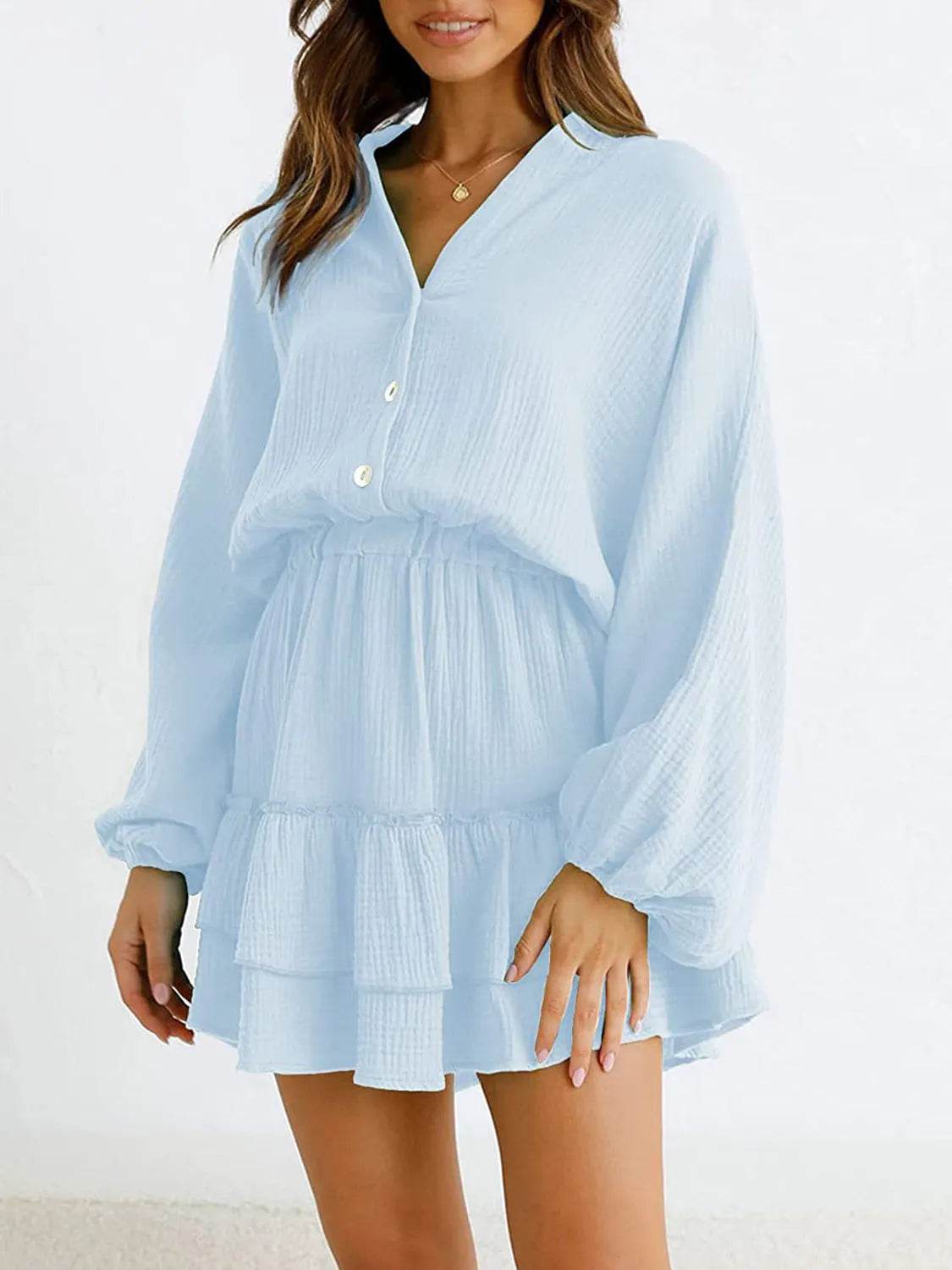 Ruffled Notched Balloon Sleeve Mini Dress - Bona Fide Fashion