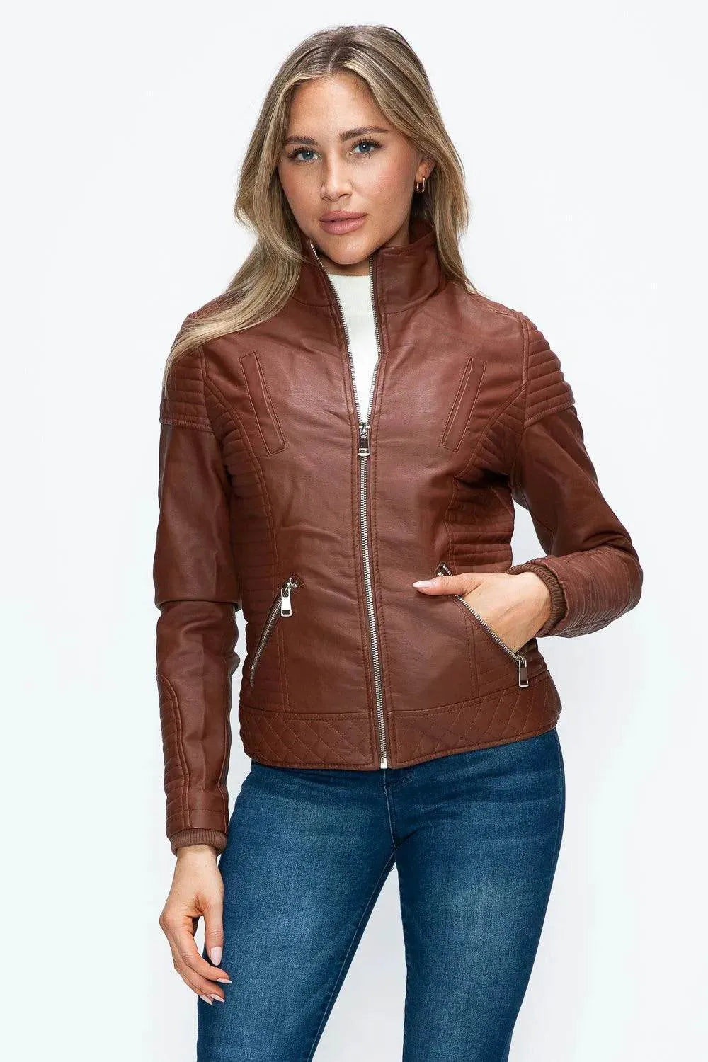 YMI Faux Layered Double-Zipper Jacket with Fuzzy Hood - Bona Fide Fashion