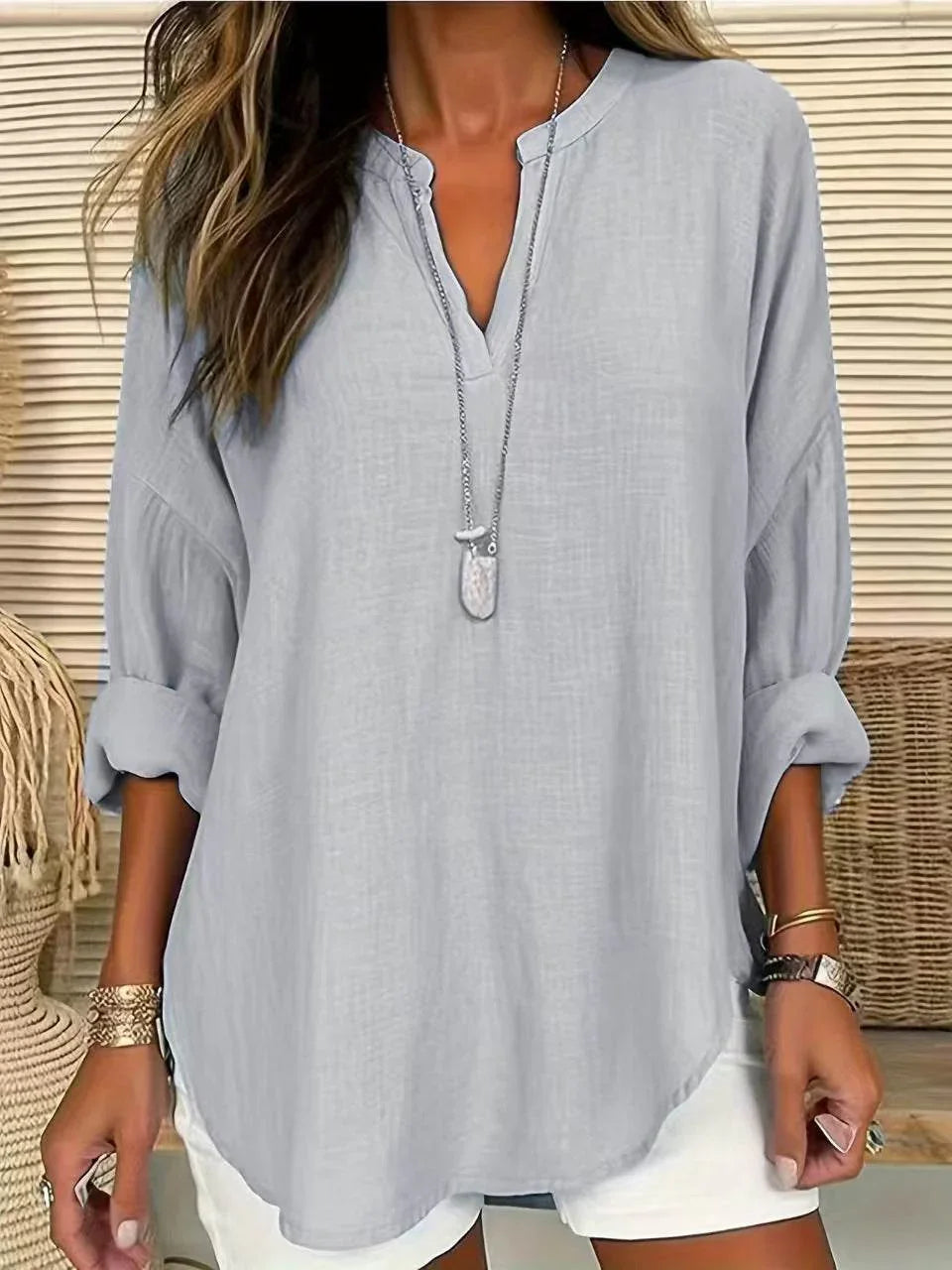Solid Color Notched Long Sleeve Blouse - Bona Fide Fashion