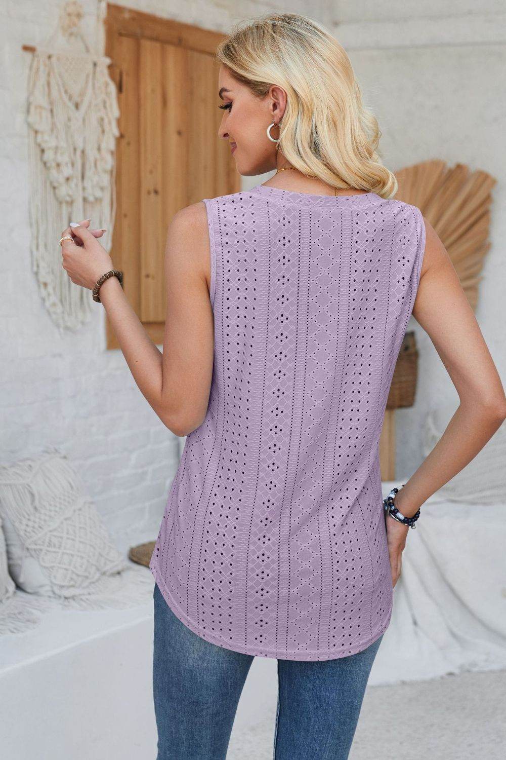 Eyelet Decorative Button V-Neck Tank - Bona Fide Fashion