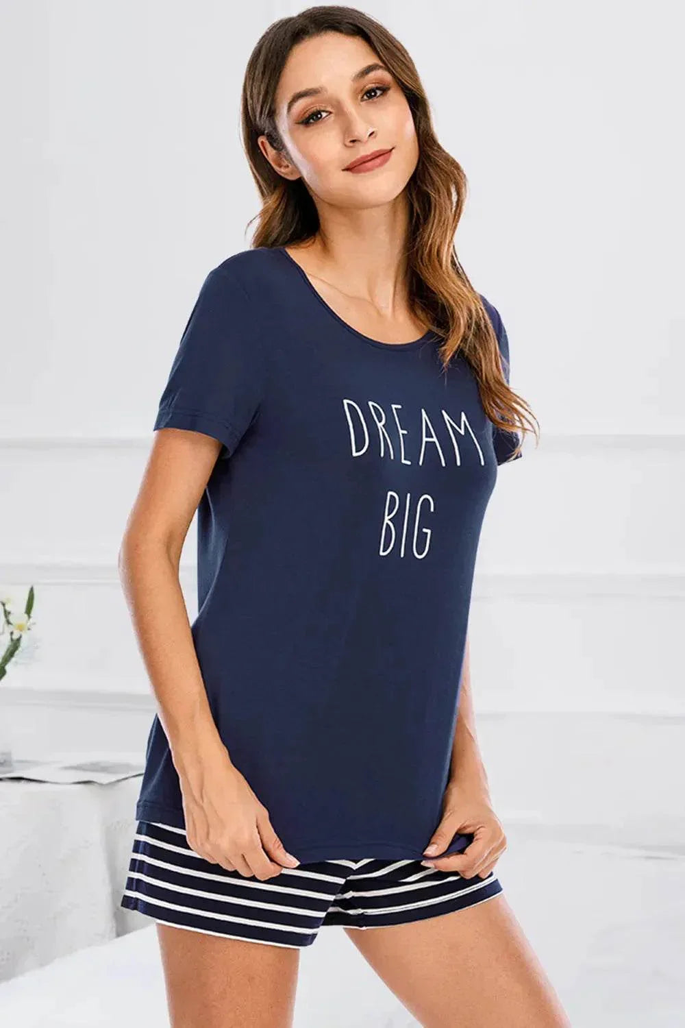 Graphic Round Neck and Striped Shorts Lounge Set - Bona Fide Fashion