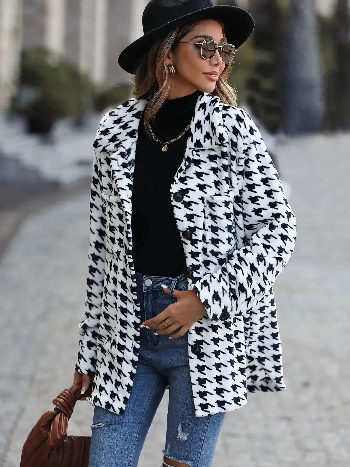 Houndstooth Button Down Jacket - Bona Fide Fashion