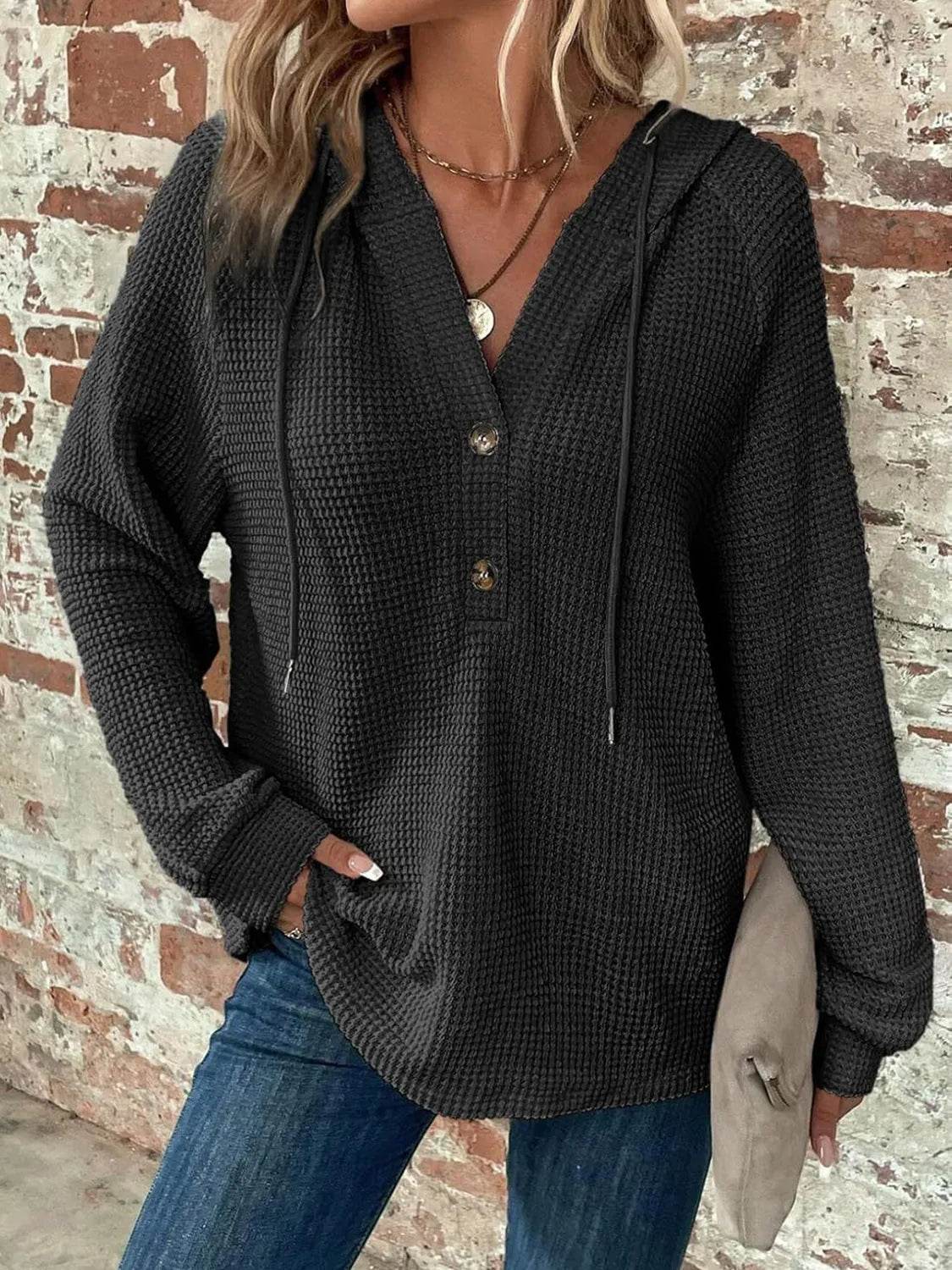 Waffle Knit Long Sleeve Drawstring Hooded Top - Bona Fide Fashion