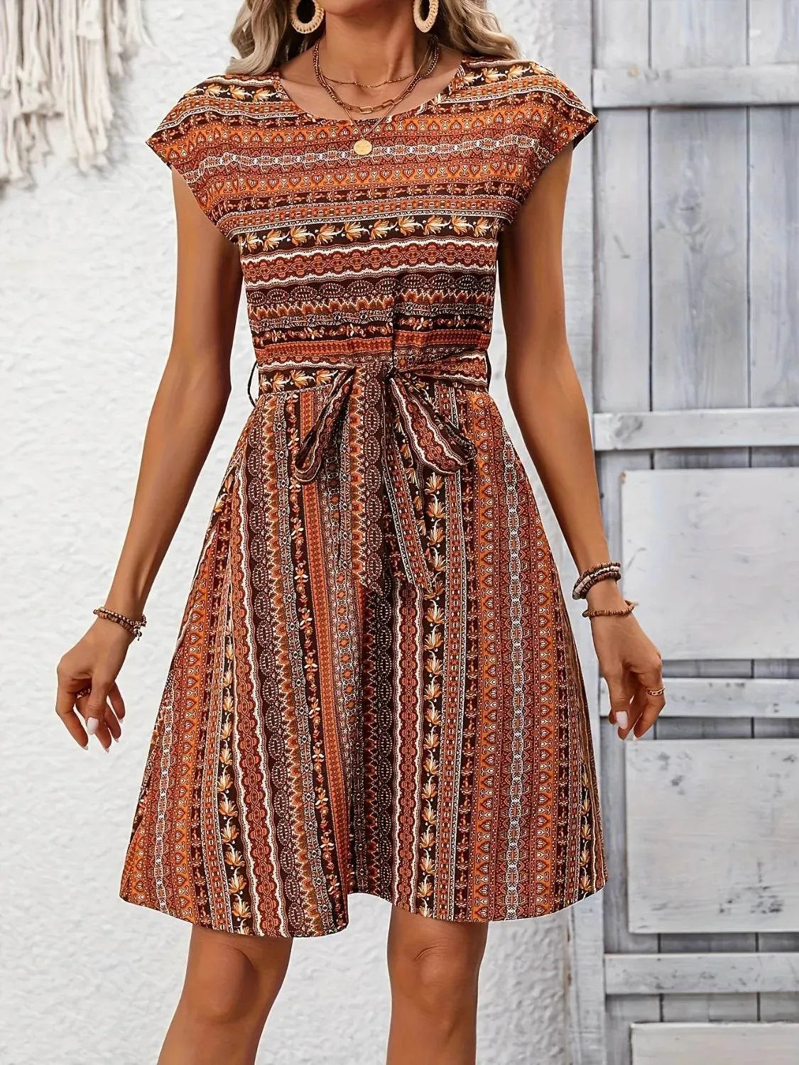 Printed Round Neck Cap Sleeve Dress - Bona Fide Fashion