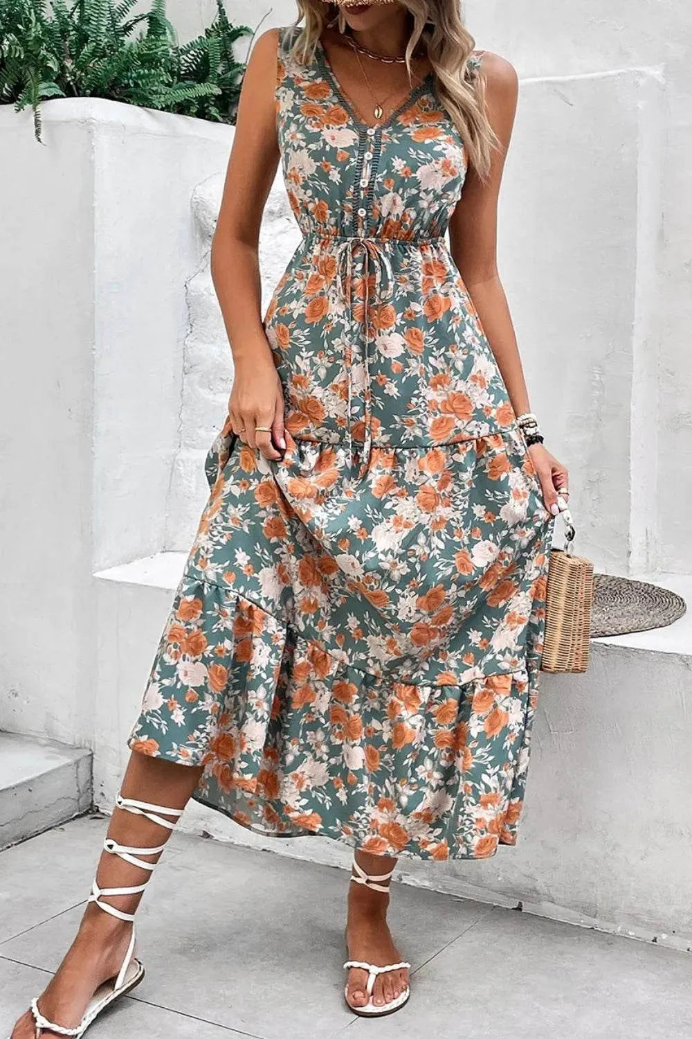Floral Print Trimmed V Neck Tie Waist Sleeveless Dress - Bona Fide Fashion
