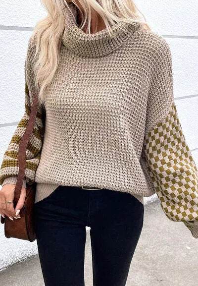 Striped & Checkered Turtleneck Dropped Shoulder Sweater - Bona Fide Fashion
