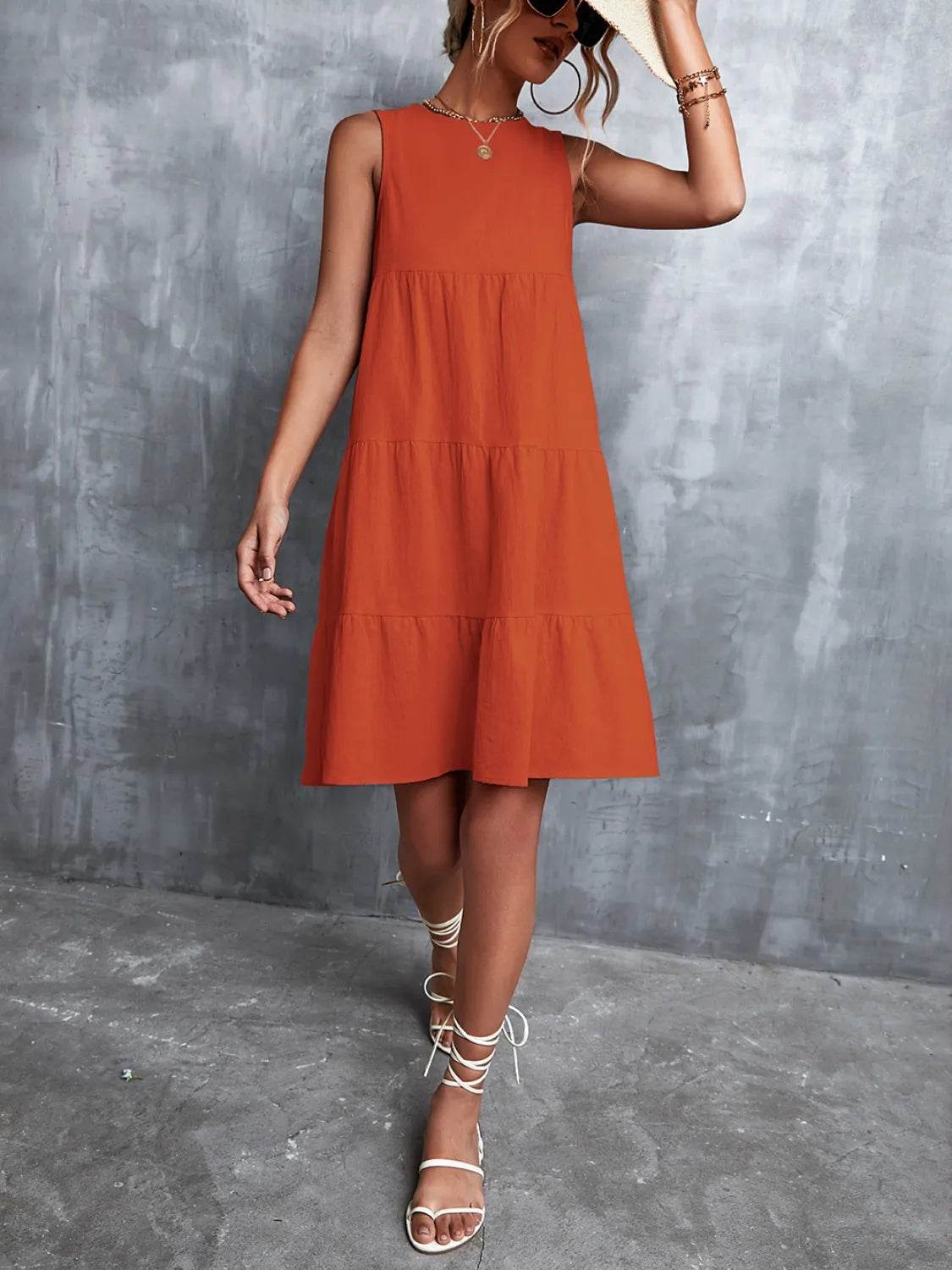 Tiered Round Neck Sleeveless Mini Tank Dress - Bona Fide Fashion