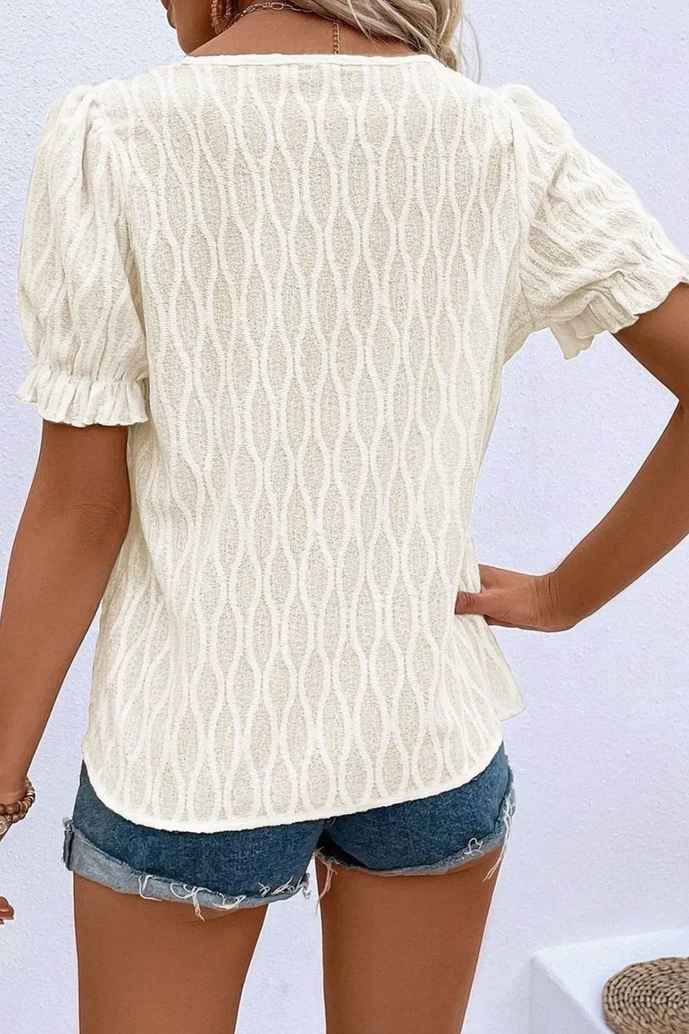 Texture Notched Short Sleeve Blouse - Bona Fide Fashion