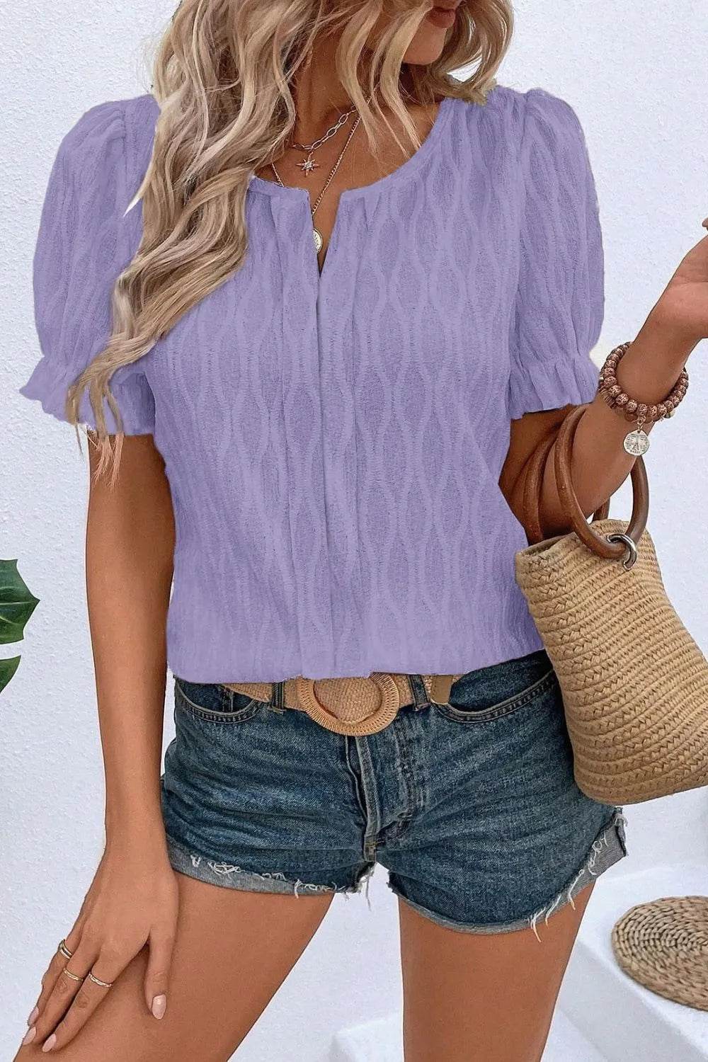 Texture Notched Short Sleeve Blouse - Bona Fide Fashion