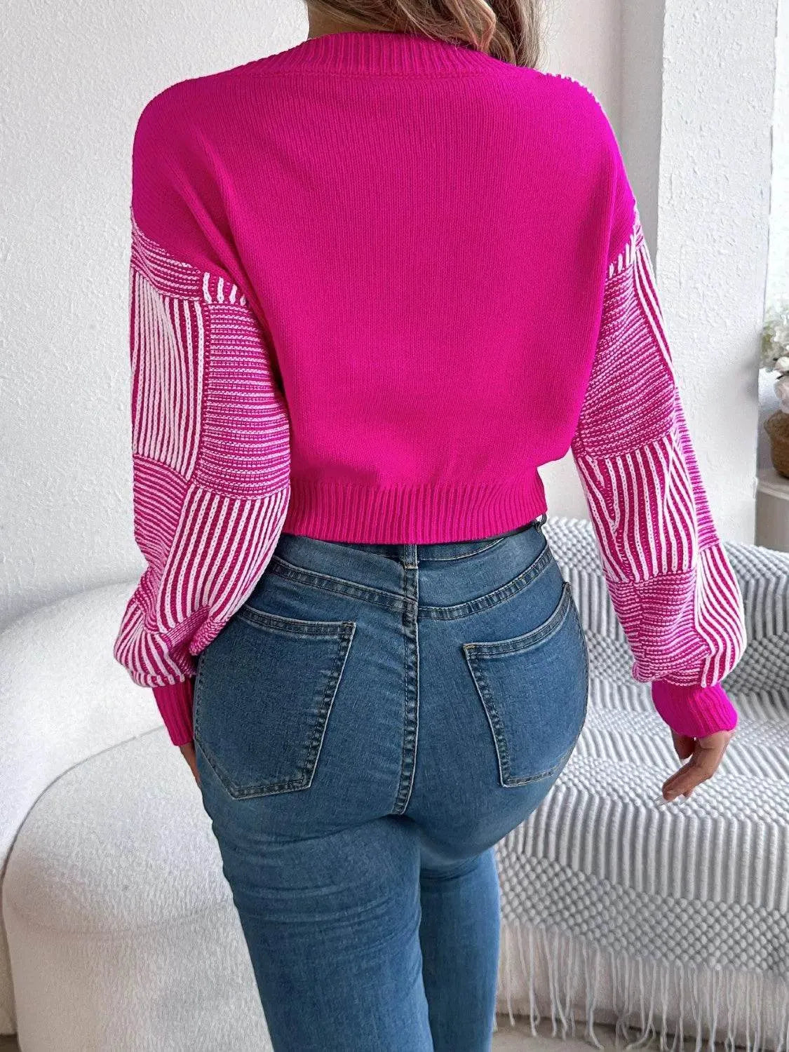 Striped V-Neck Long Sleeve Sweater - Bona Fide Fashion