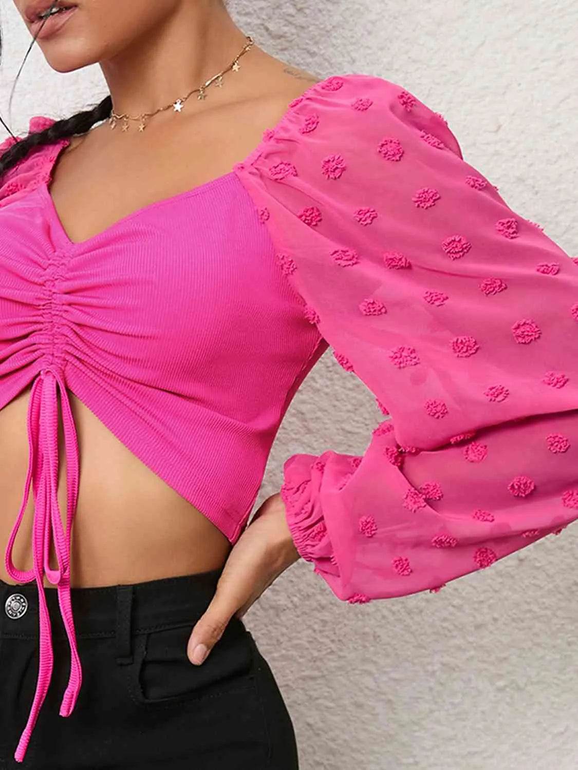Swiss Dot Drawstring Cropped Blouse - Bona Fide Fashion