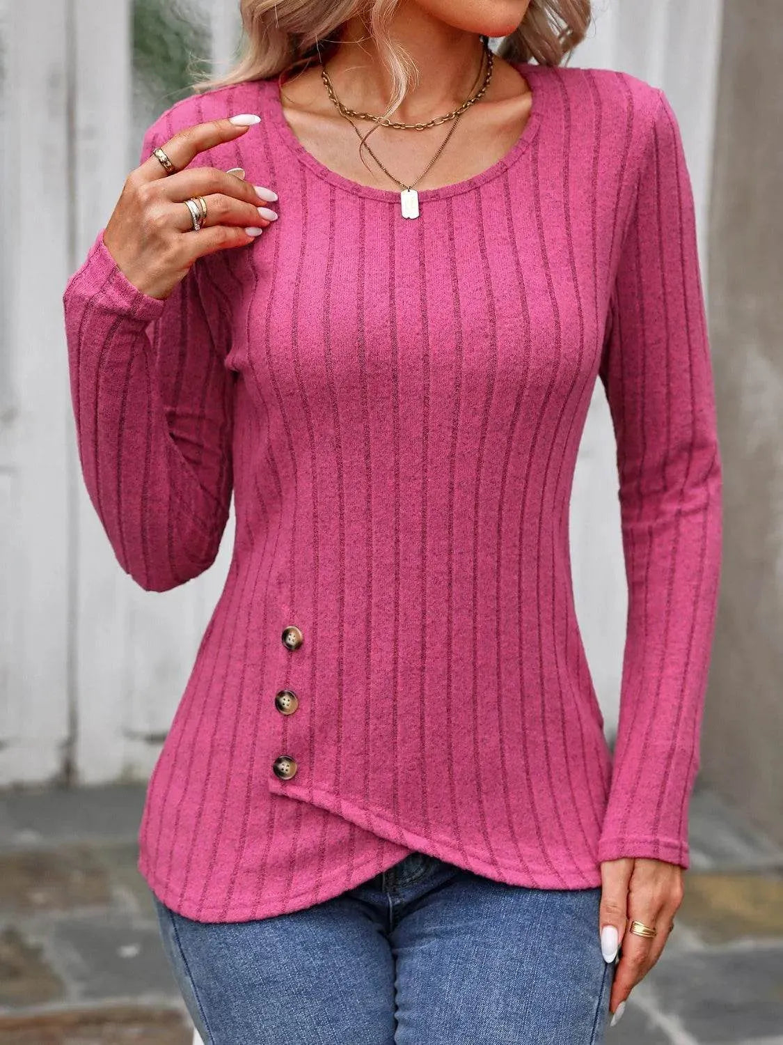 Decorative Button Round Neck Long Sleeve T-Shirt - Bona Fide Fashion