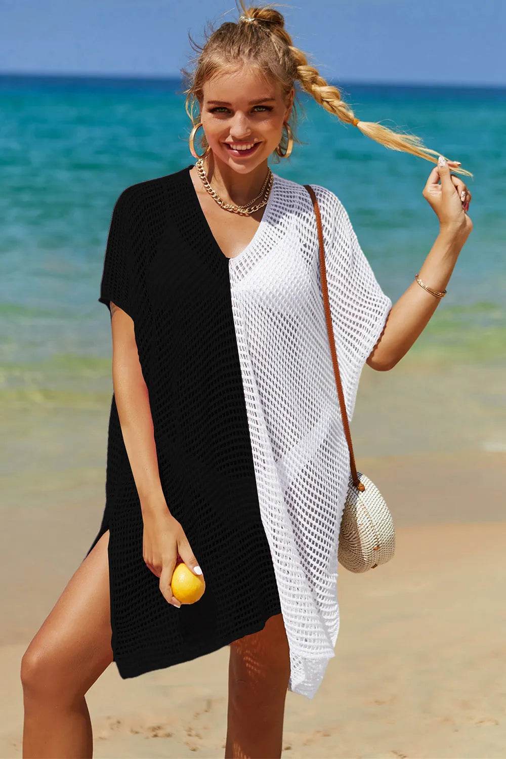 Angel Wings Openwork Contrast Slit Knit Cover Up - Bona Fide Fashion