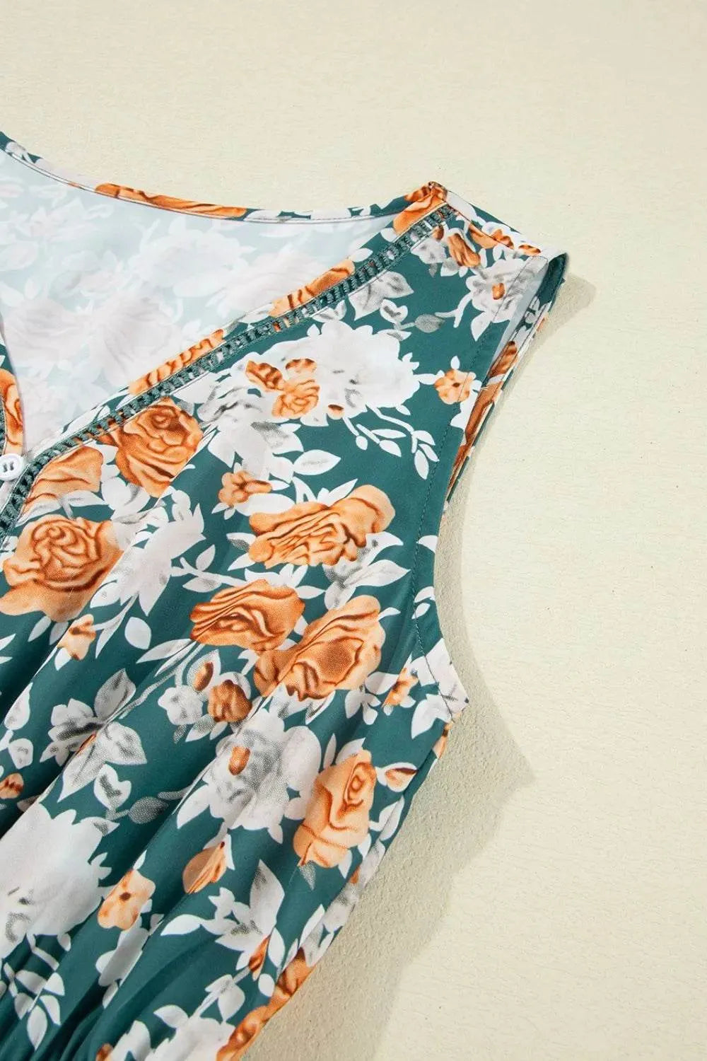 Floral Print Trimmed V Neck Tie Waist Sleeveless Dress - Bona Fide Fashion