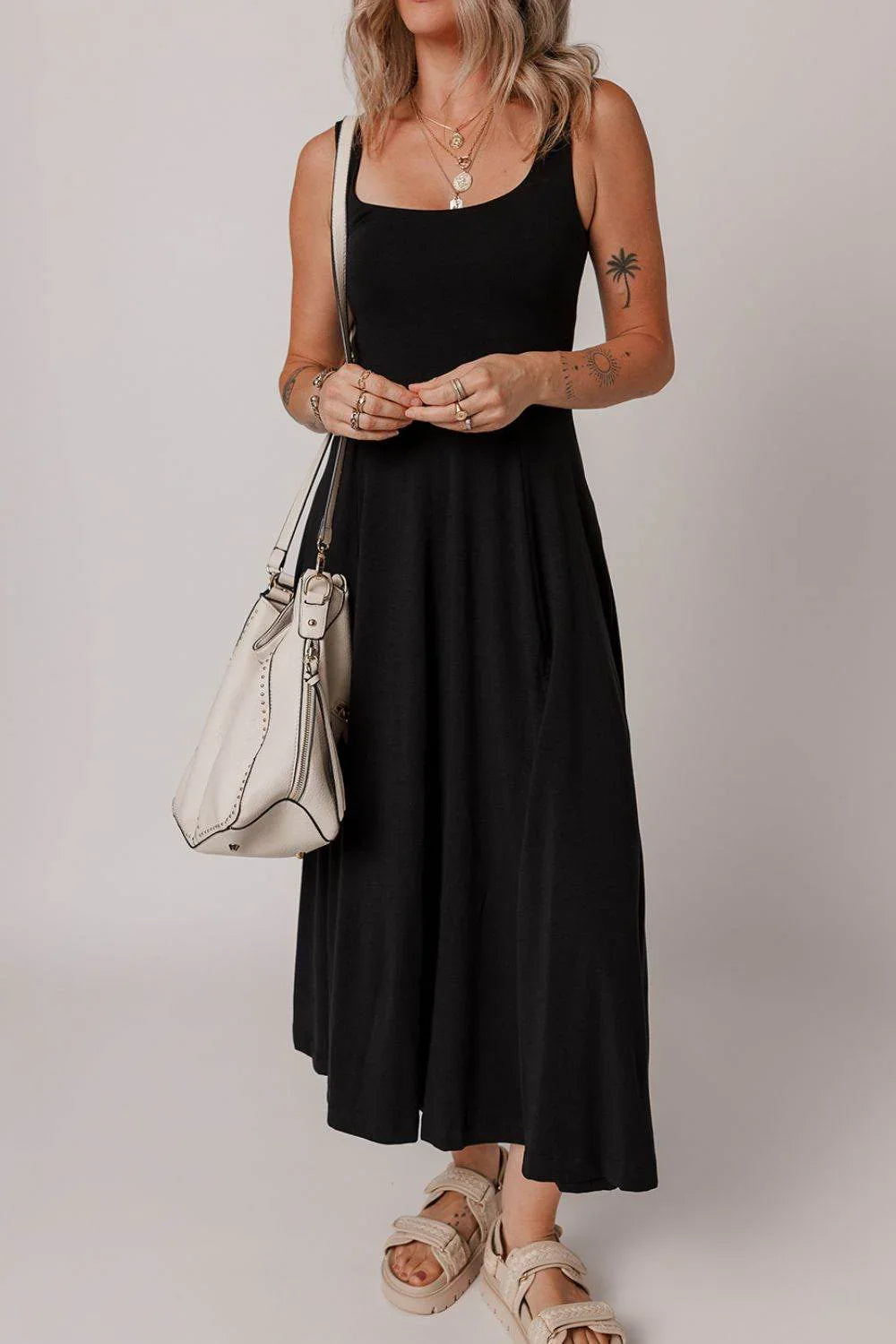 Side Slit Scoop Neck Wide Strap Dress - Bona Fide Fashion