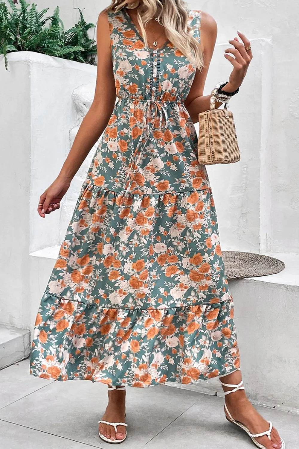 Floral Print Trimmed V Neck Tie Waist Sleeveless Dress - Bona Fide Fashion