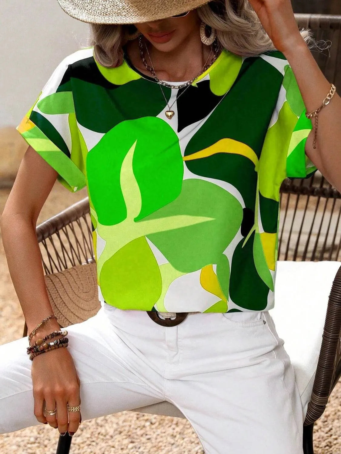 Contrast Round Neck Short Sleeve Blouse - Bona Fide Fashion