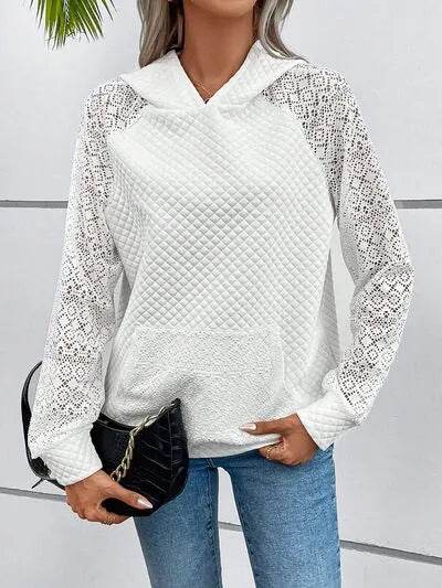 Lace Openwork Kangaroo Pocket Hoodie - Bona Fide Fashion