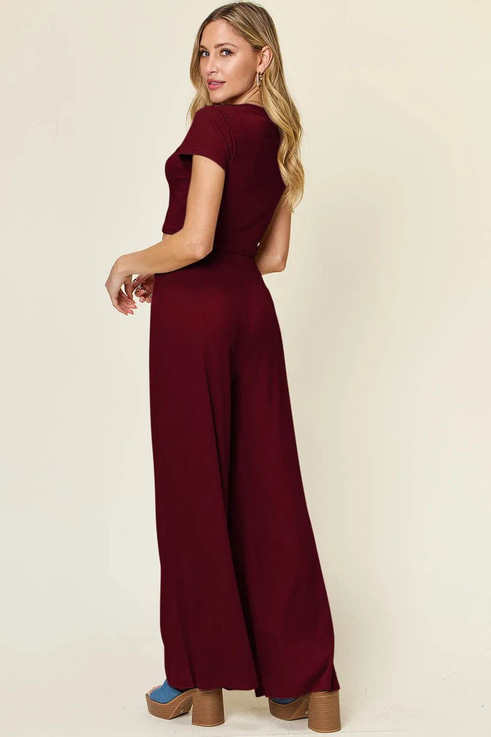 Double Take Full Size Round Neck Top and Pants Set - Bona Fide Fashion