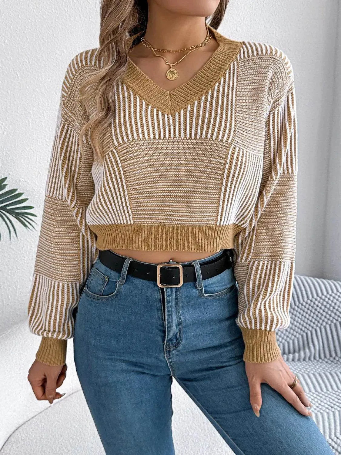 Striped V-Neck Long Sleeve Sweater - Bona Fide Fashion