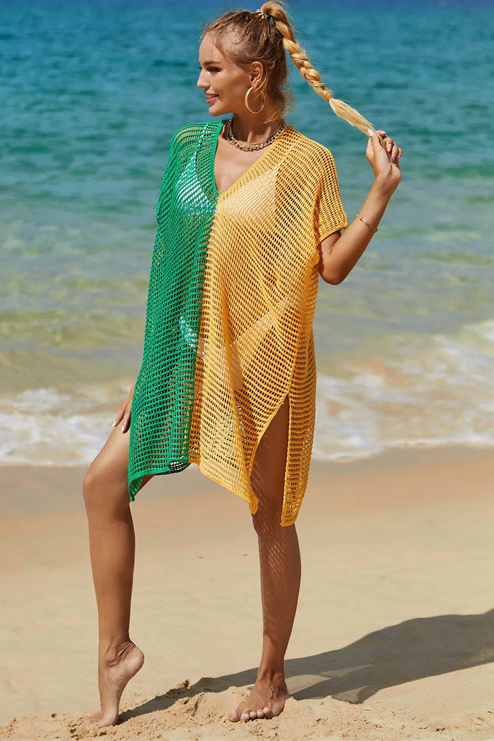 Angel Wings Openwork Contrast Slit Knit Cover Up - Bona Fide Fashion