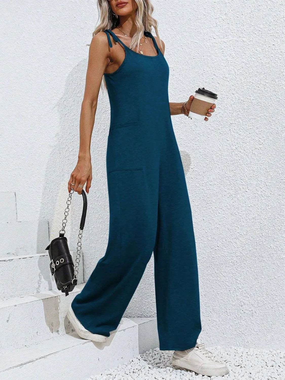 Scoop Neck Tie Shoulder Jumpsuit - Bona Fide Fashion