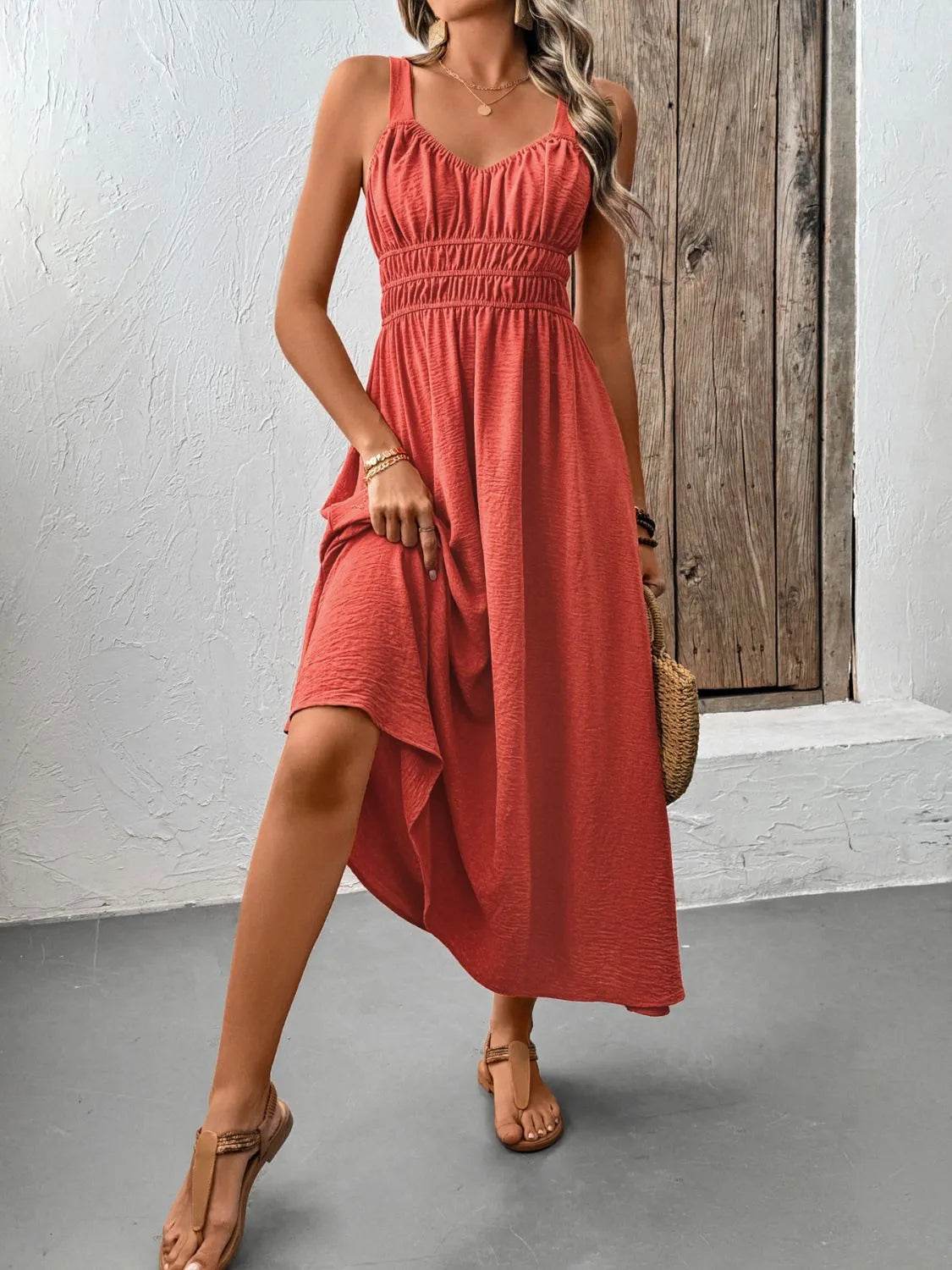 V-Neck Wide Strap Midi Cami Dress - Bona Fide Fashion