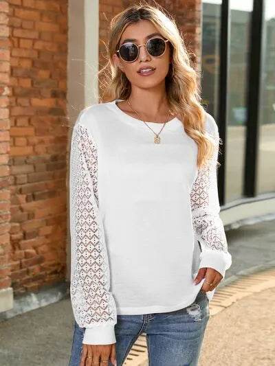 Full Size Round Neck Lace Long Sleeve T-Shirt Plus Size - Bona Fide Fashion