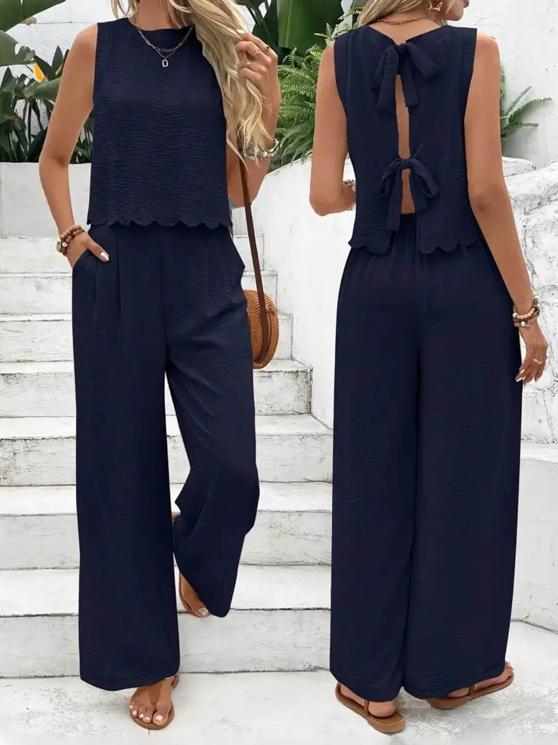 Tie Back Round Neck Top and Pants Set - Bona Fide Fashion