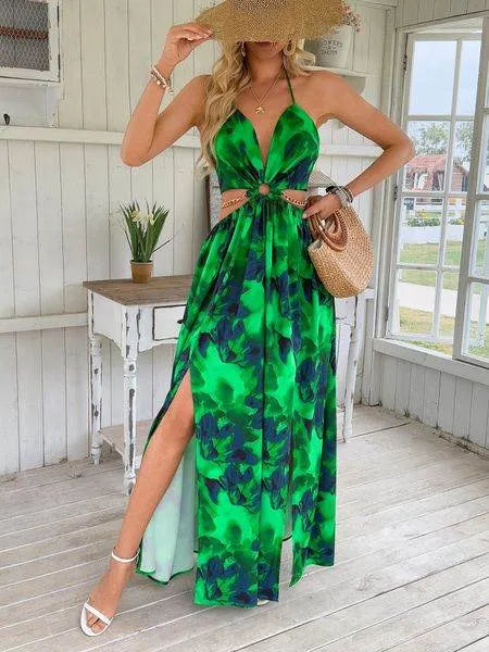 Women's Floral Print Chain Decor Split Thigh Tie Back Cami Dress, Halter Backless Maxi Dress, Beach Vacation Dress H6VE68KF2K - Bona Fide Fashion