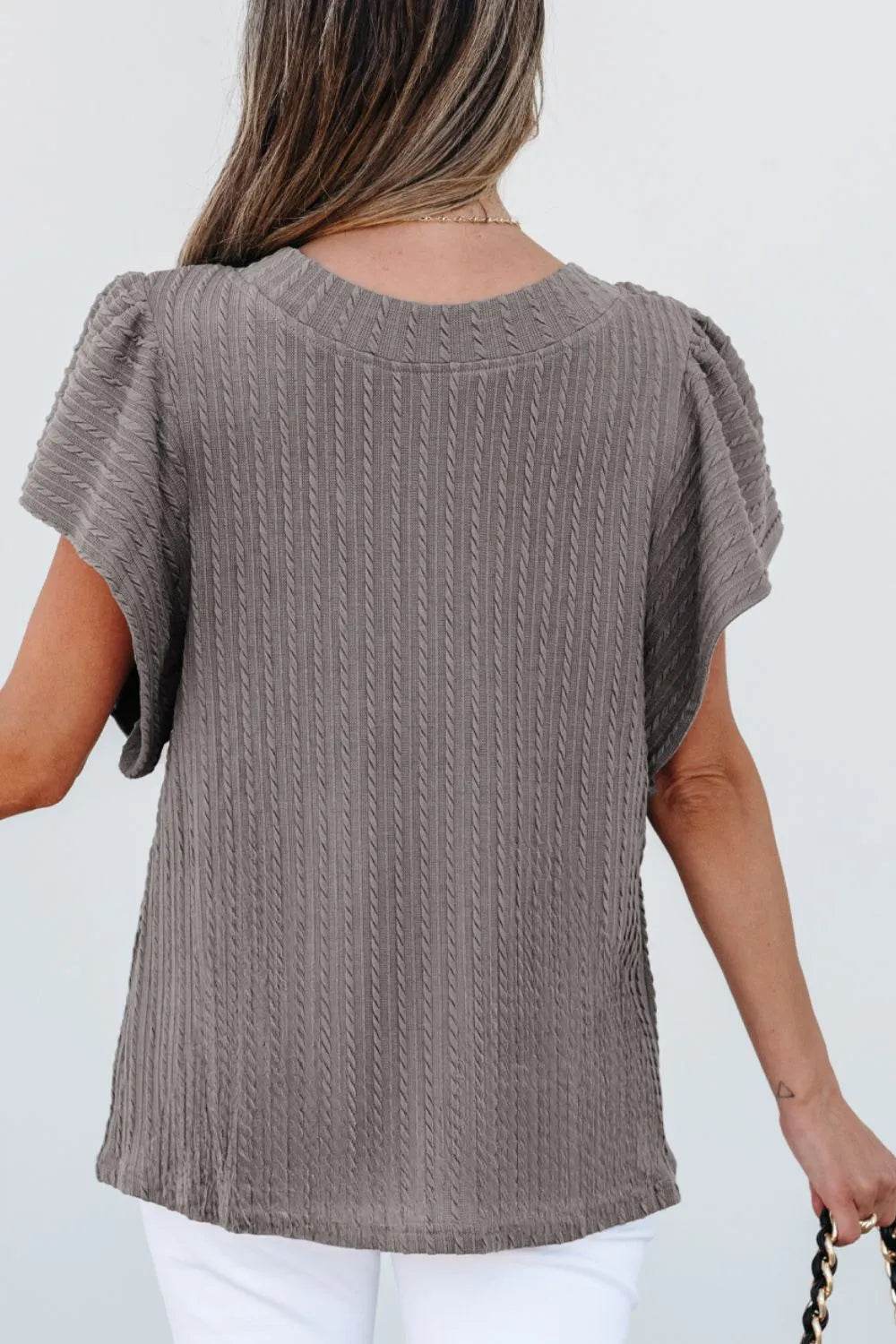Textured Round Neck Flounce Sleeve Blouse - Bona Fide Fashion