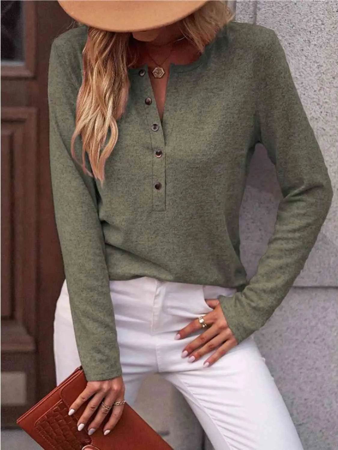 Round Neck Buttoned Long Sleeve T-Shirt - Bona Fide Fashion