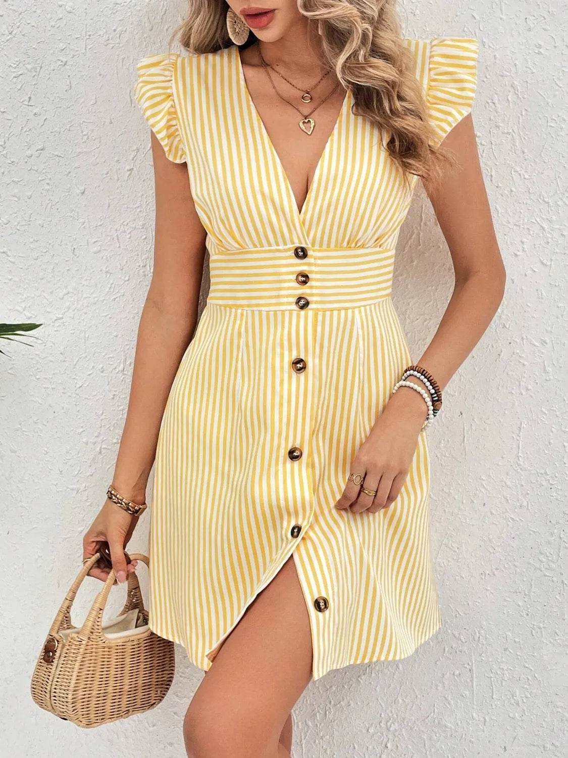 Striped Button Front Cap Sleeve Dress - Bona Fide Fashion