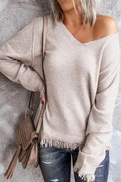 Exposed Seam Fringe Hem V-Neck Long Sleeve Sweater - Bona Fide Fashion