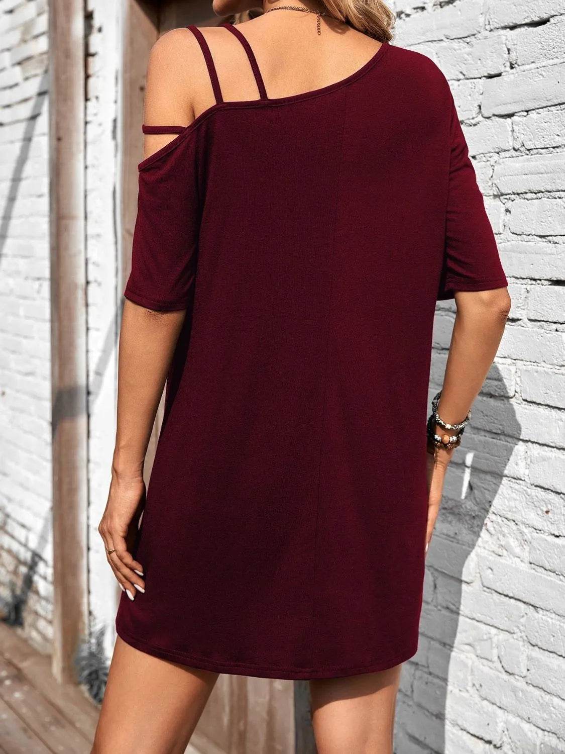 Asymmetrical Neck Half Sleeve Mini Dress - Bona Fide Fashion