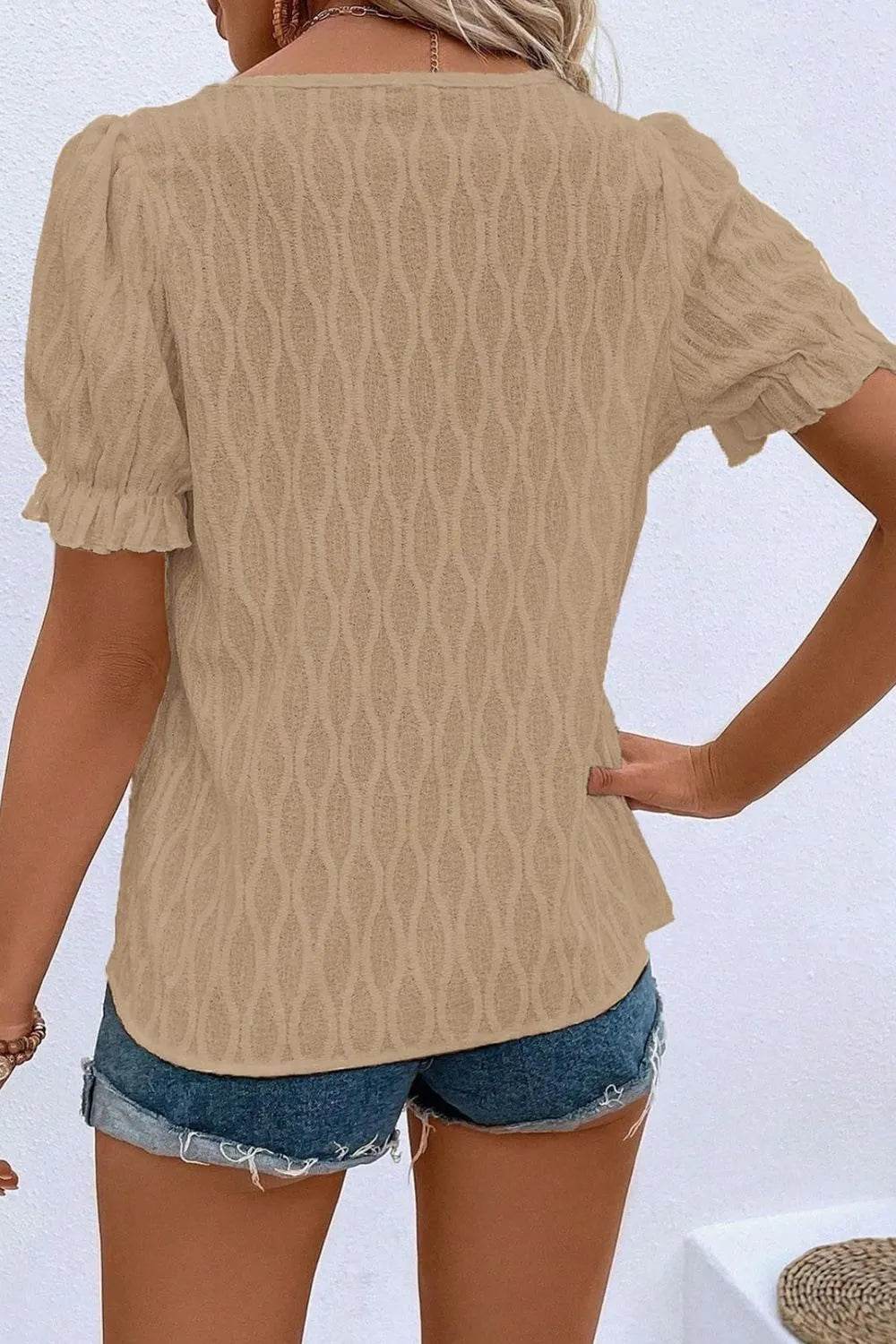 Texture Notched Short Sleeve Blouse - Bona Fide Fashion