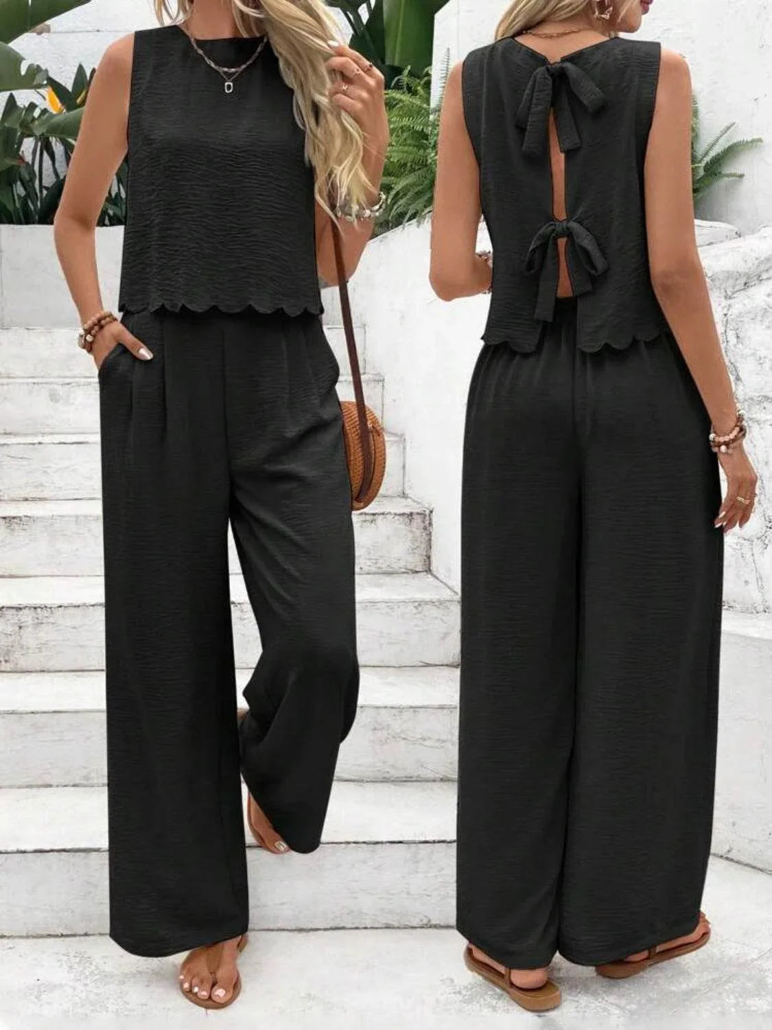 Tie Back Round Neck Top and Pants Set - Bona Fide Fashion